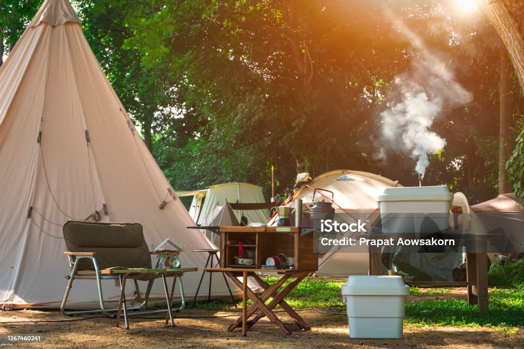 Many camping tools and tents.